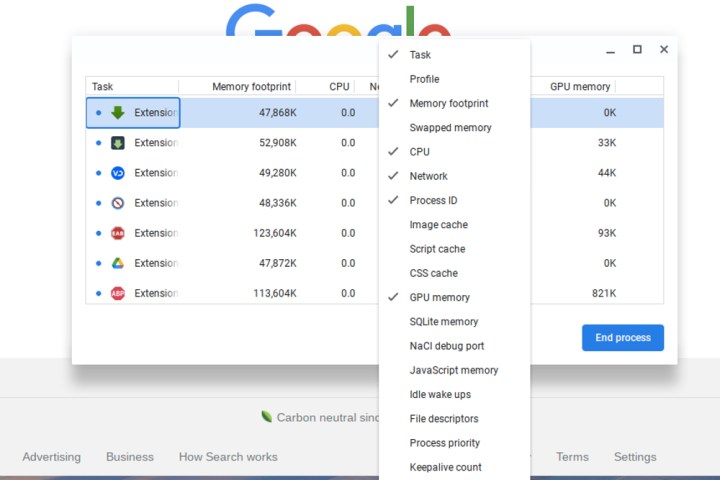 گزینه‌های مشاهده جزئیات بیشتر در مورد یک فرآیند در مدیر وظیفه Chromebook.