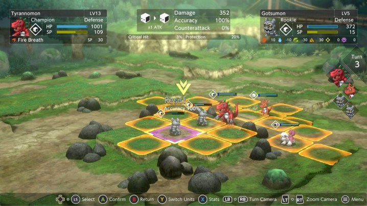Digimon Survive battleground full of monsters and Tyranomon.