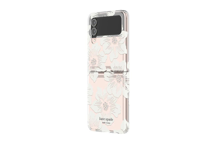 incipio kate spade new york protective hardshell case for samsung galaxy z flip 4 in clear with a white and pink floral pattern.