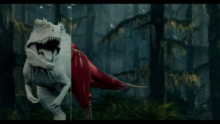 Uma imagem de design de efeitos visuais de um Tiranossauro Rex do Jurassic World Dominion.