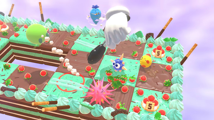 Kirbys batalham na fase final de uma partida Kirby's Dream Buffet.