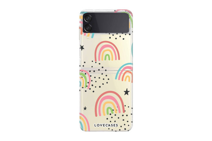 The LoveCases Gel Case in clear with multicolored rainbow print, on the Samsung Galaxy Z Flip 4.