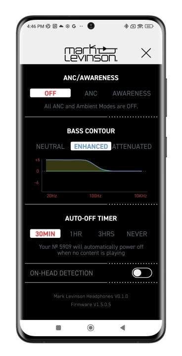 Mark Levinson app settings page.