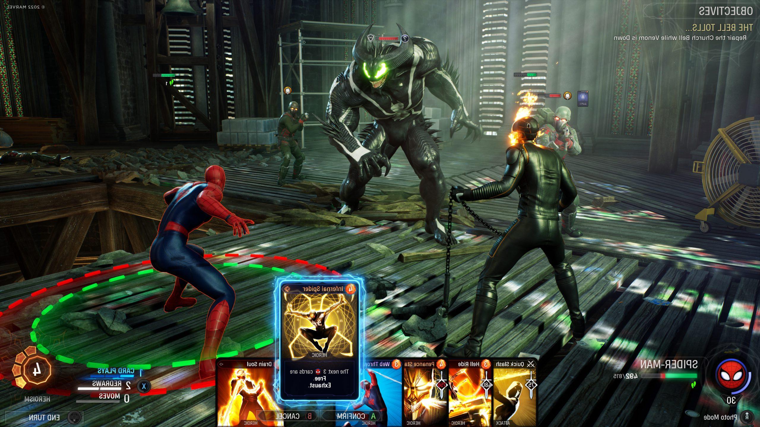 Homem-Aranha e Motoqueiro Fantasma lutando contra Venom em Marvel's Midnight Suns.