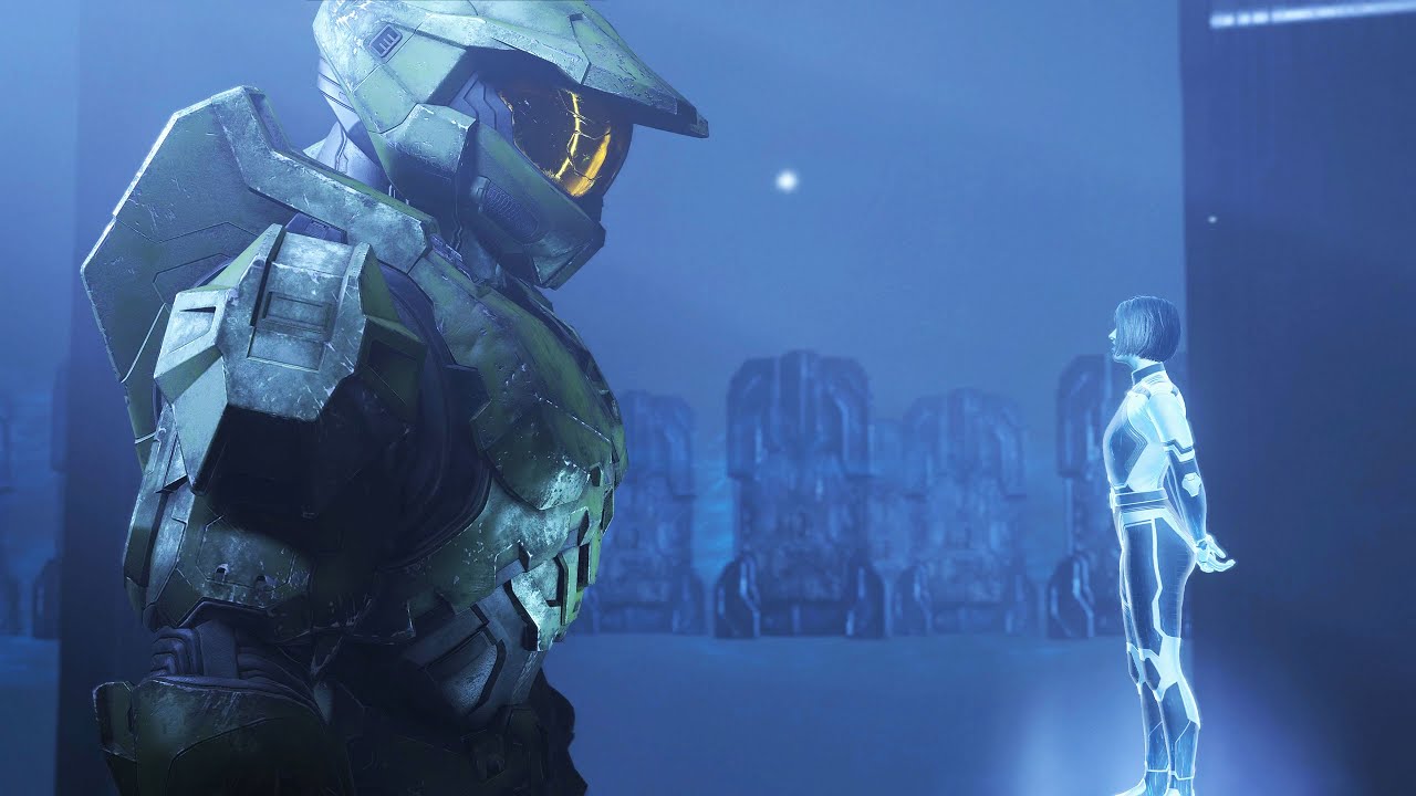 Master Chief meeting the Weapon in Halo Infinite.