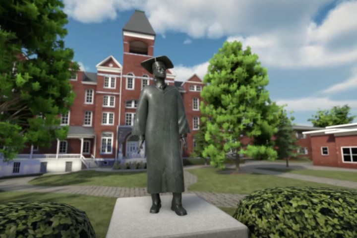A statue and building from a virtual university in the metaverse.