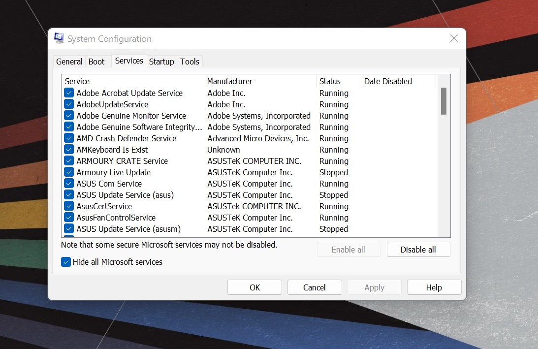 Configurações de serviços do Windows. 