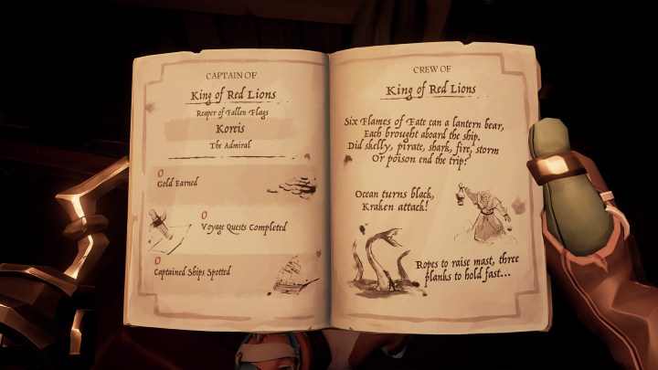 A logbook is held open, the contents identifying Koreis as captain of the ship in Sea of Thieves.