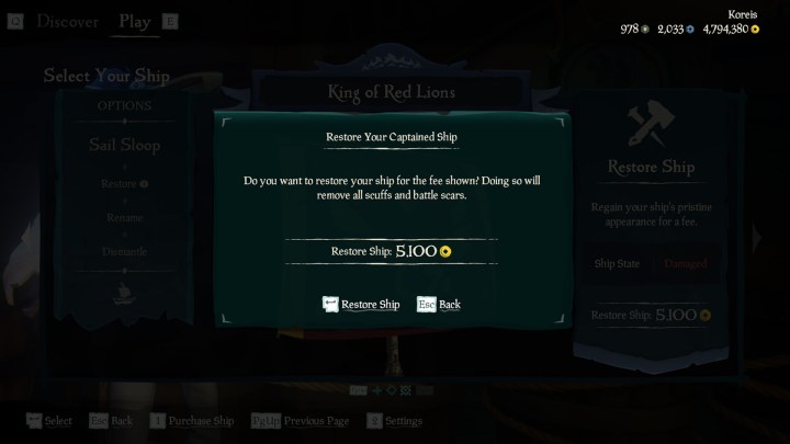 Kotak teks hijau mengonfirmasi bahwa pemain ingin menghabiskan 5.100 emas untuk memperbaiki perahu.