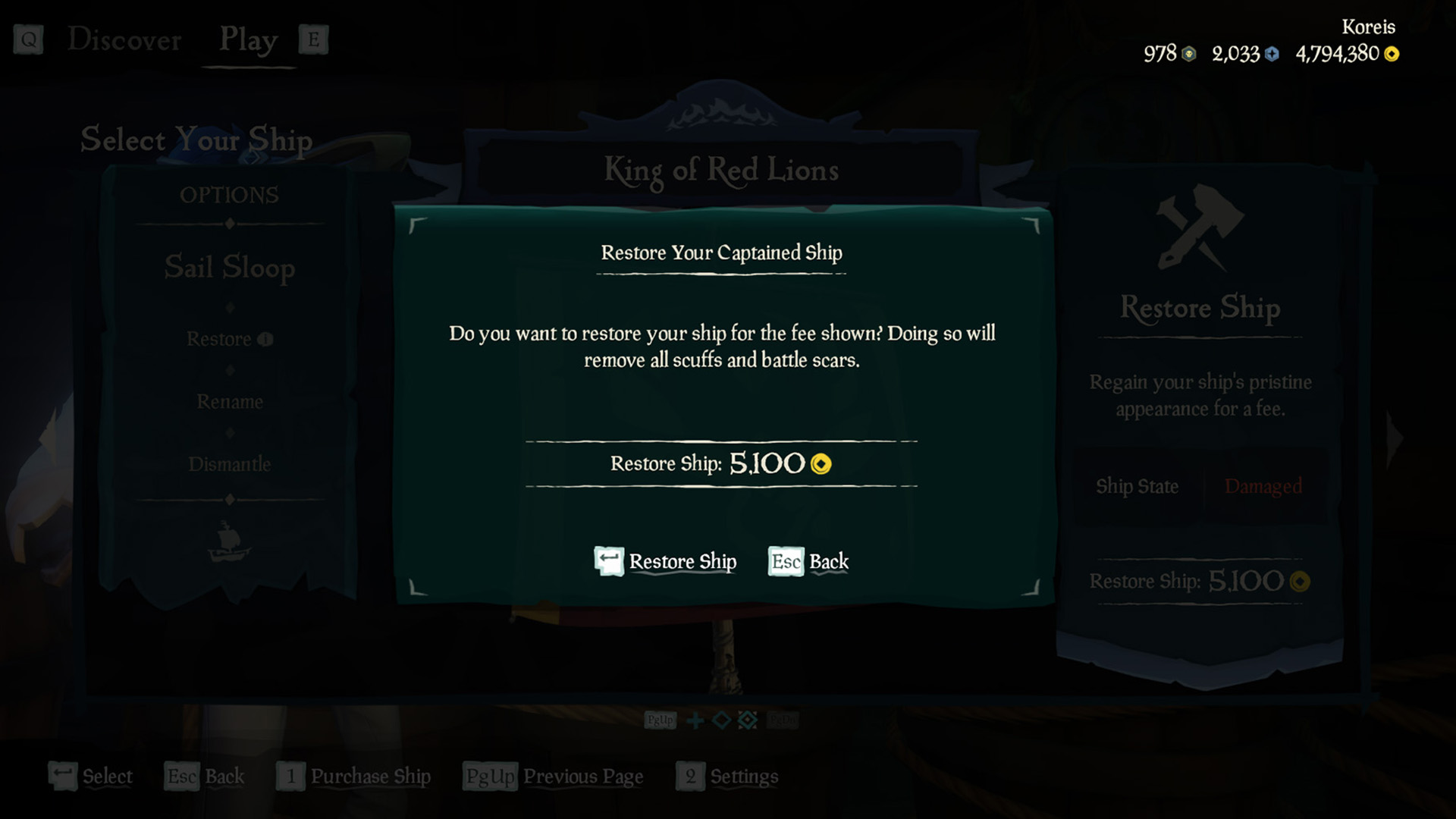 Uma caixa de texto verde confirma que o jogador quer gastar 5100 de ouro para consertar um barco.