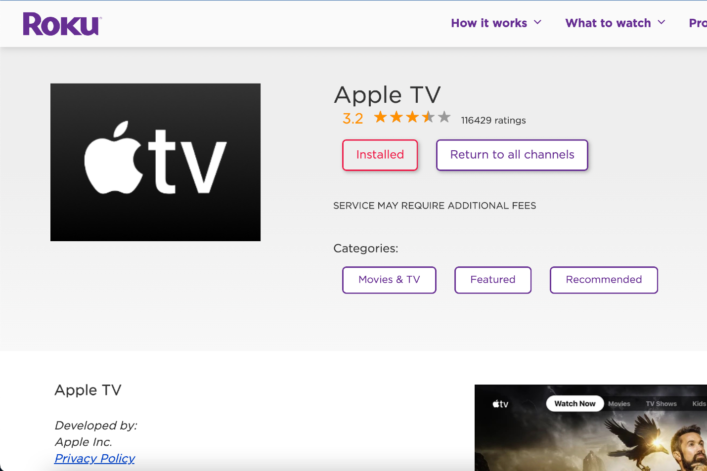 Agregar el canal de Apple TV a través del sitio web de Roku.
