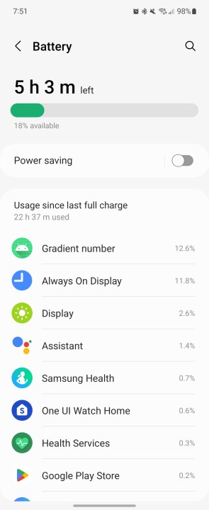Schermata della durata della batteria per Galaxy Watch 5.