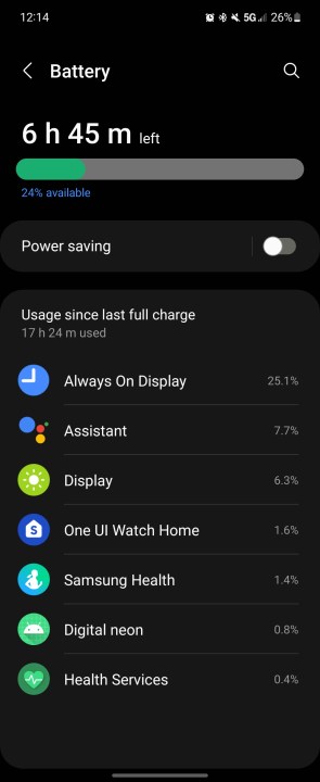 Schermata della durata della batteria per Galaxy Watch 5.
