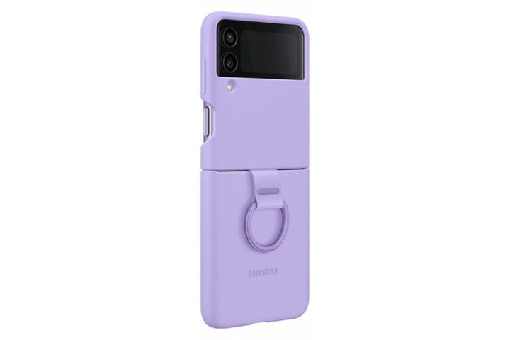 The Samsung Galaxy Z Flip 4 in Samsung's Official Silicone Ring Case in Bora Purple, showing off the ring loop for added grip. 