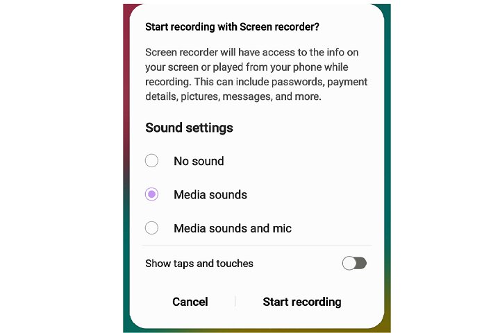 Opciones de grabación en un dispositivo con Android 12.