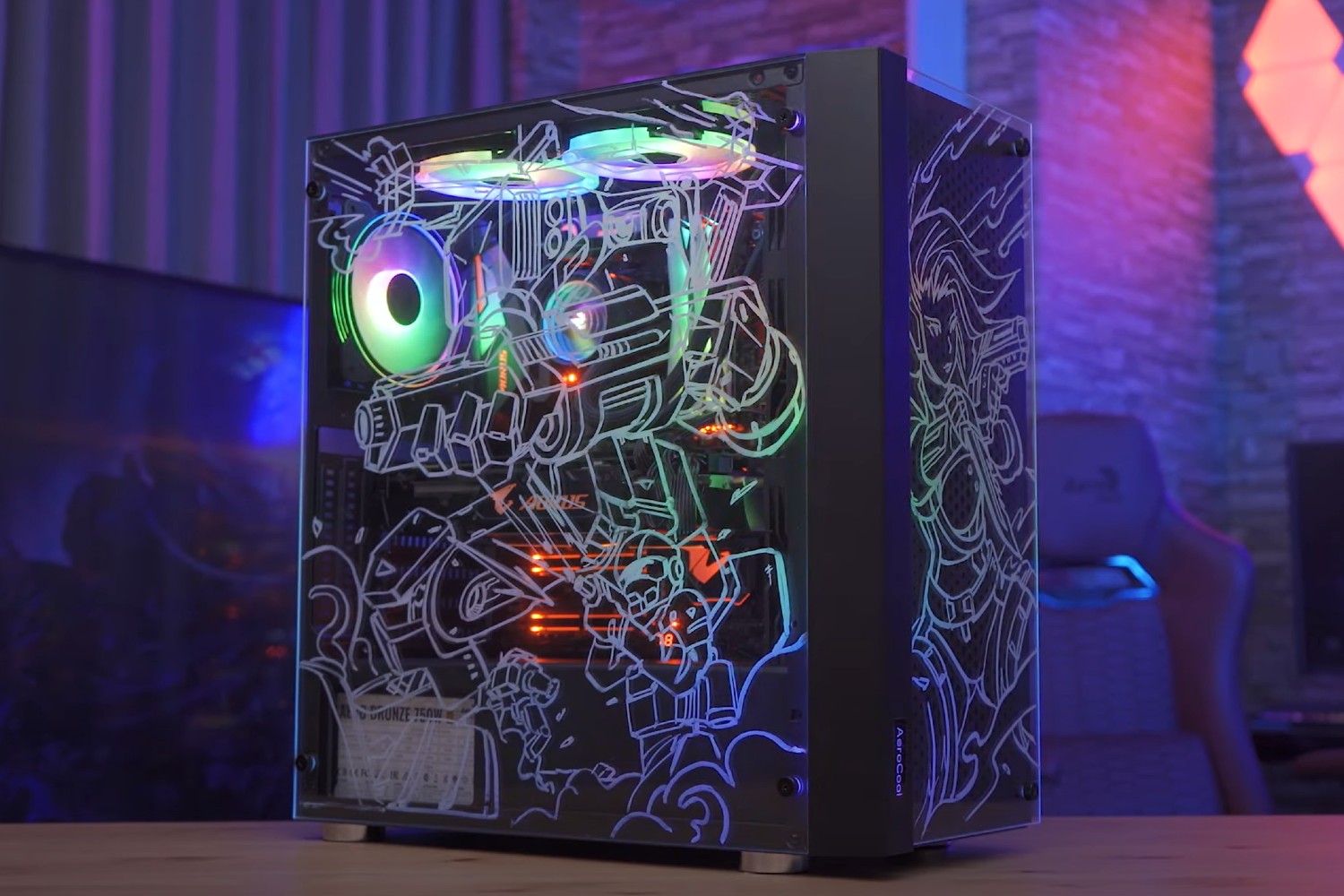 black custom gaming pc computer with glass windows and colorful