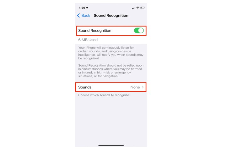 iPhone Sound Recognition toggle switch.