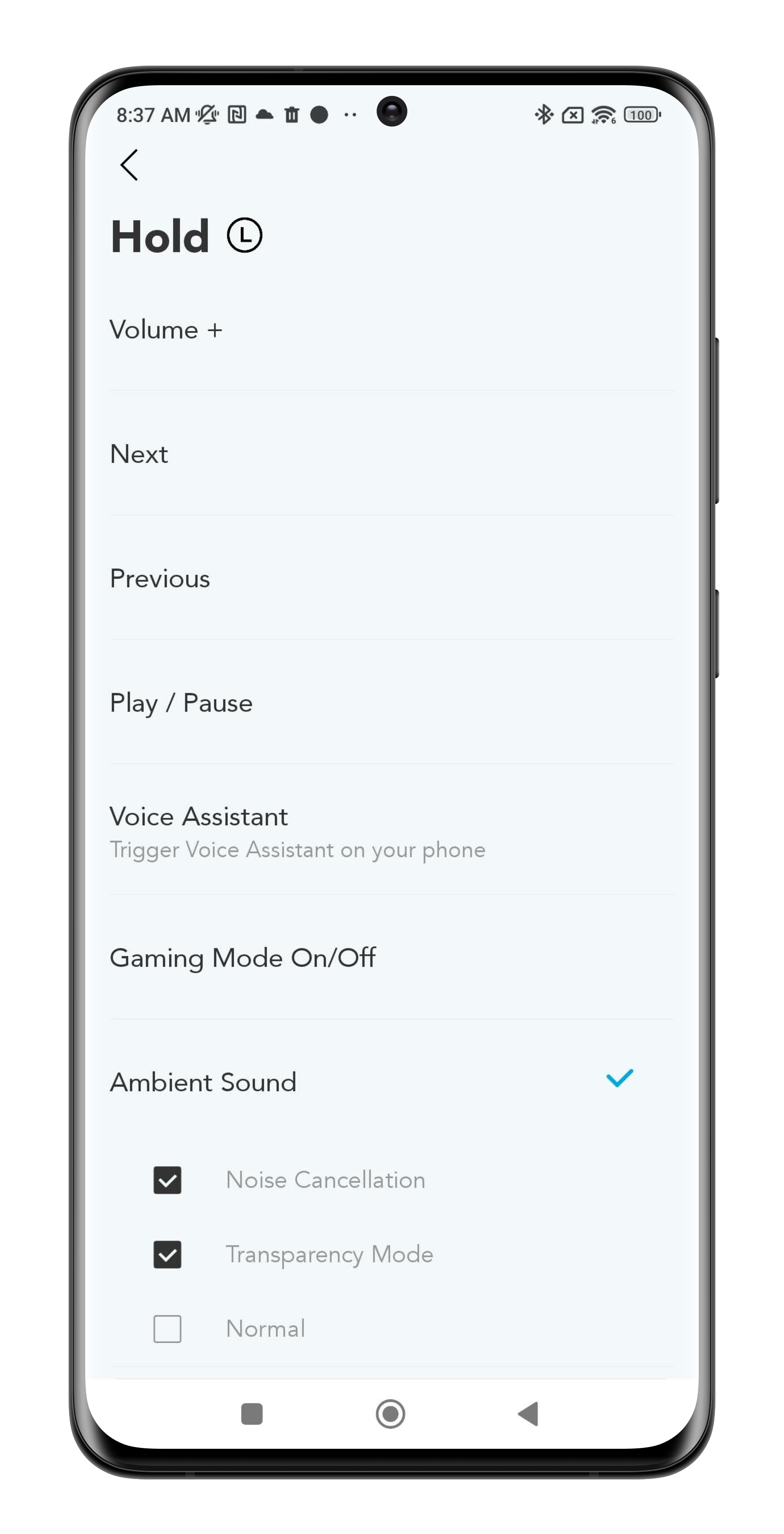 Opzioni di controllo dell'app Soundcore.