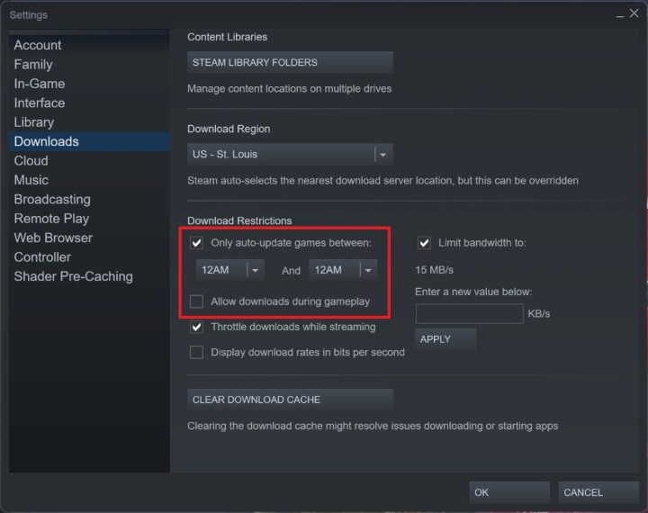 Steam automatic update settings.