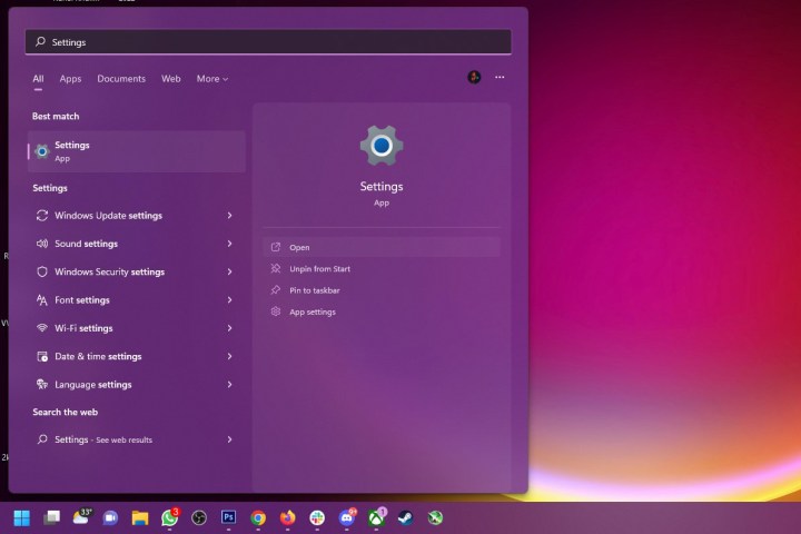 Screenshot of how to open Settings from Start menu on Windows 11.