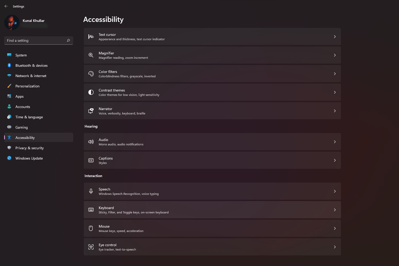 Captura de tela de como abrir as configurações de acessibilidade do teclado no Windows 11.