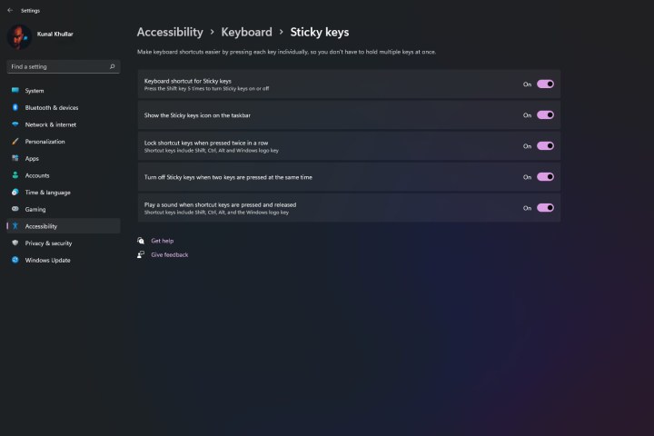 Screenshot of additional Sticky Keys settings on Windows 11.