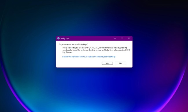 A pop-up asking if the user would like to turn on sticky keys on Windows 11.