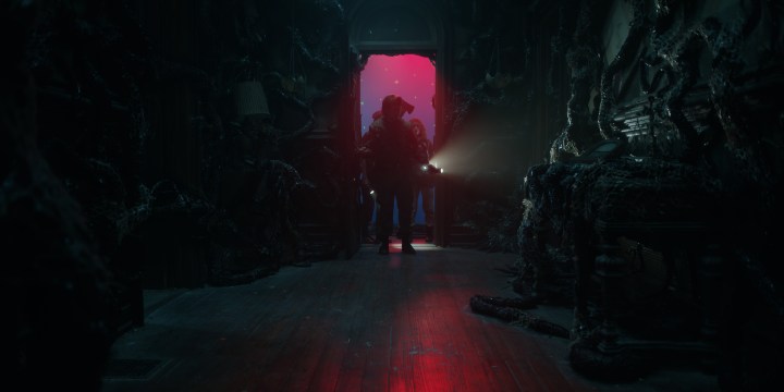 A VFX shot of the interior of a creepy house from Stranger Things season 4.