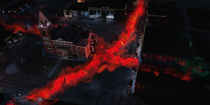 Arte de efeitos visuais retratando quatro fendas se unindo no centro da cidade em Stranger Things.