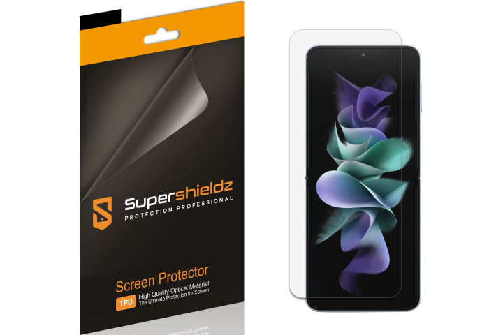 supershieldz film screen protector on the samsung galaxy z flip 4 next to the retail packaging.