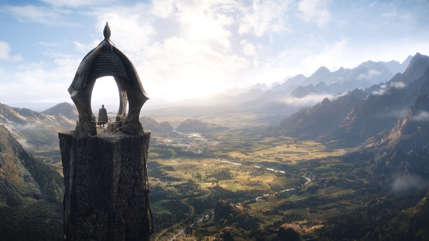 Uma torre élfica ergue-se sobre a Terra-média em uma cena de O Senhor dos Anéis: Os Anéis do Poder.