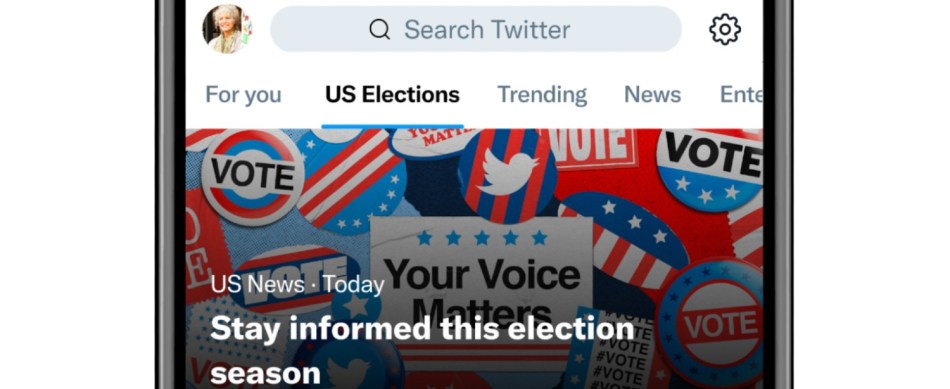 Twitter's new election-specific features shown on a smartphone.