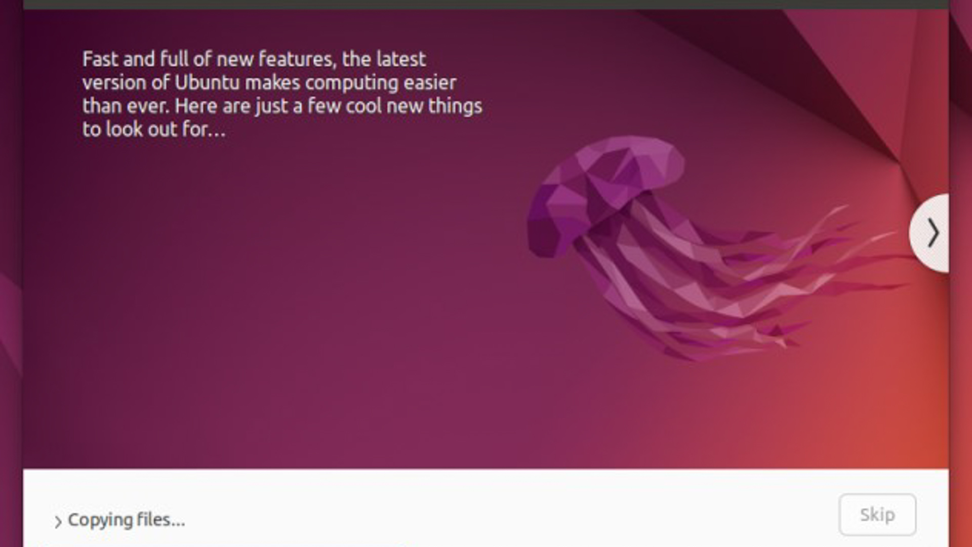 Una pantalla de instalación de Ubuntu de color burdeos y púrpura con sugerencias que se muestran mientras se cargan los archivos