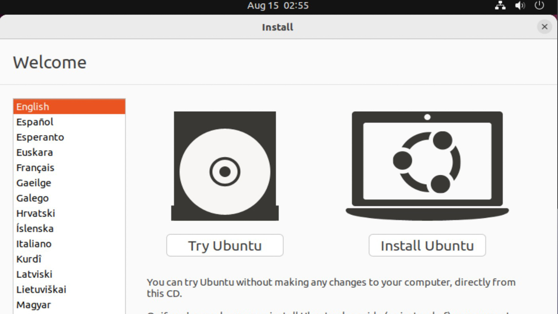 A tela de seleção de idioma do Ubuntu