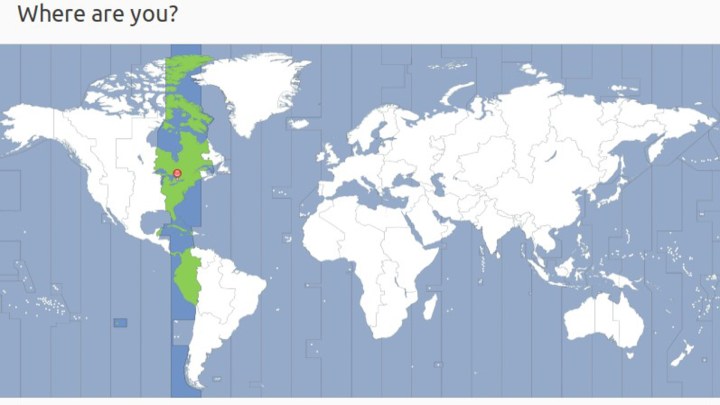 Ubuntu region selection with a flat map of the world and Eastern Time highlighted by a green strip