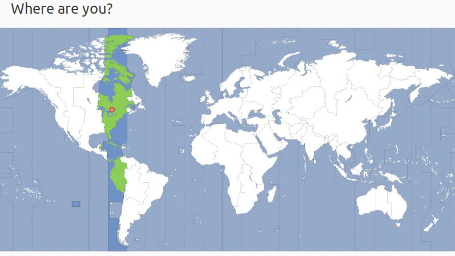 Un mapa plano del mundo con un resaltado verde sobre la parte de la hora estándar del este de América del Norte