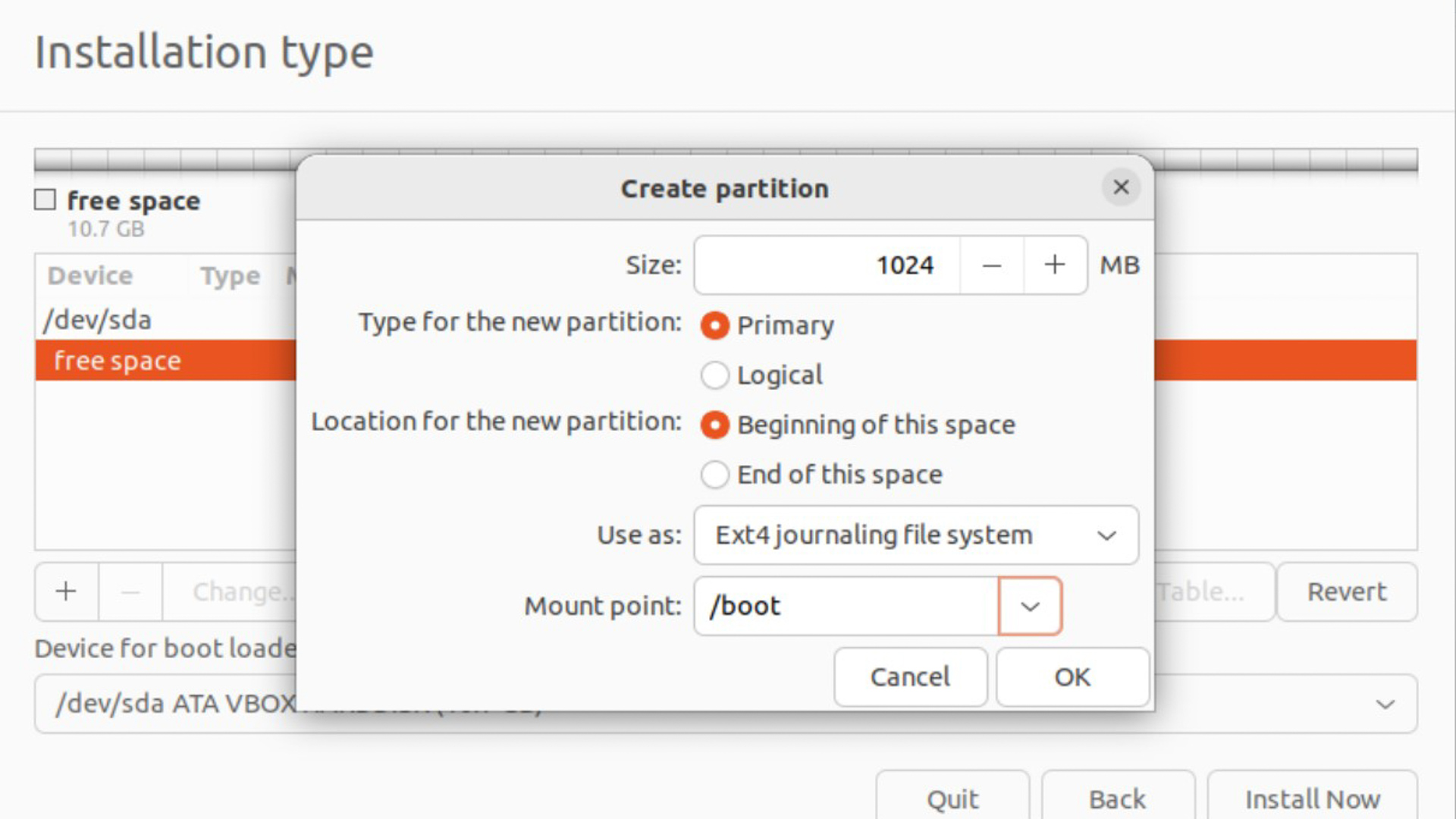 A configuração da partição de inicialização do Ubuntu