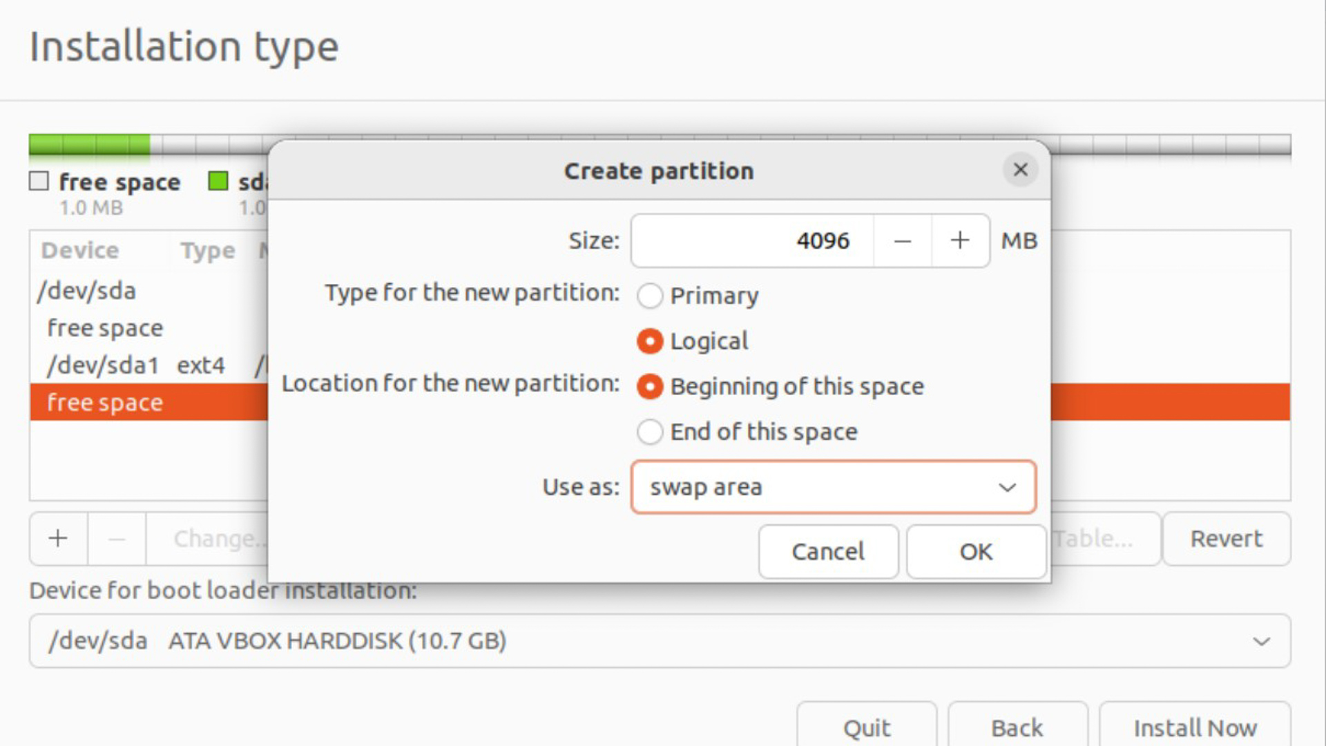 El asistente de partición de Ubuntu con configuración de área de intercambio