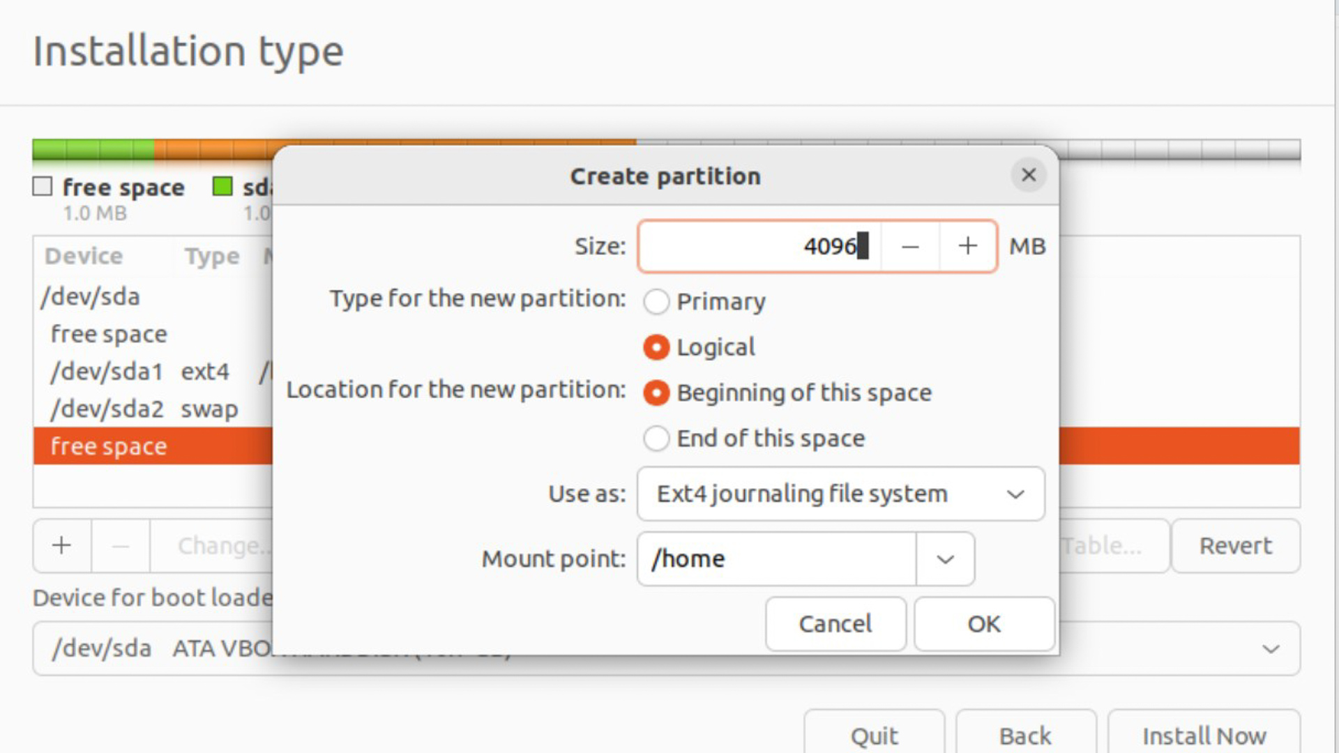 A partição do Ubuntu aparece com /home set