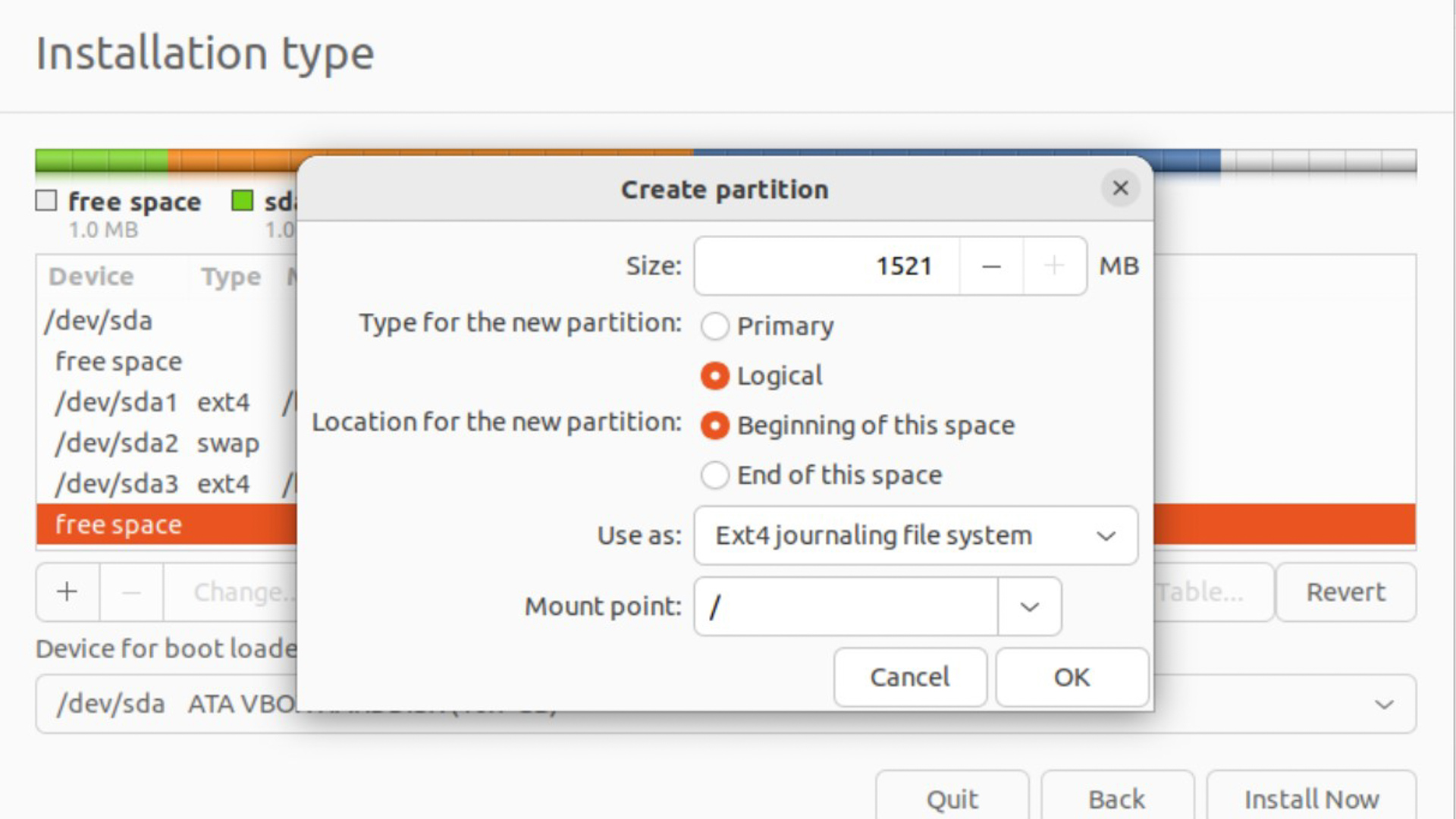 a partição do Ubuntu aparece com o diretório / definido