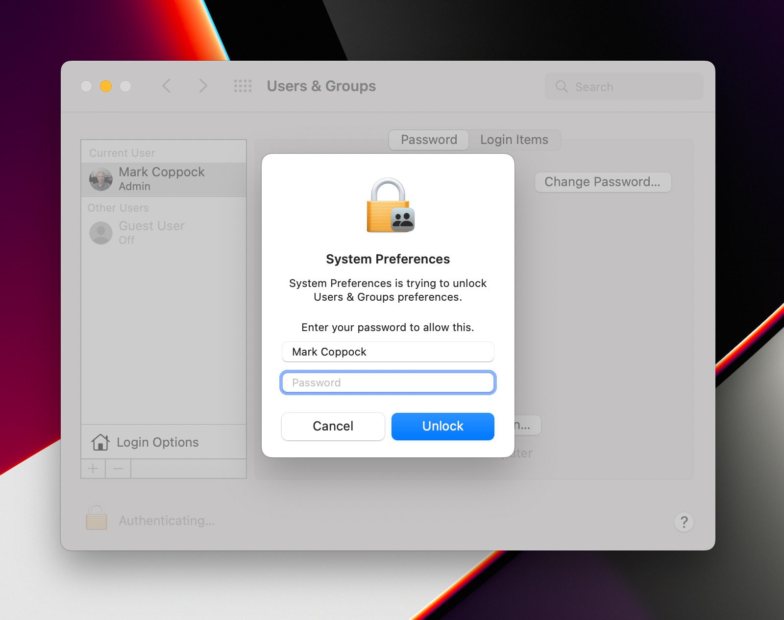 Desbloqueando as configurações da conta no MacOS.
