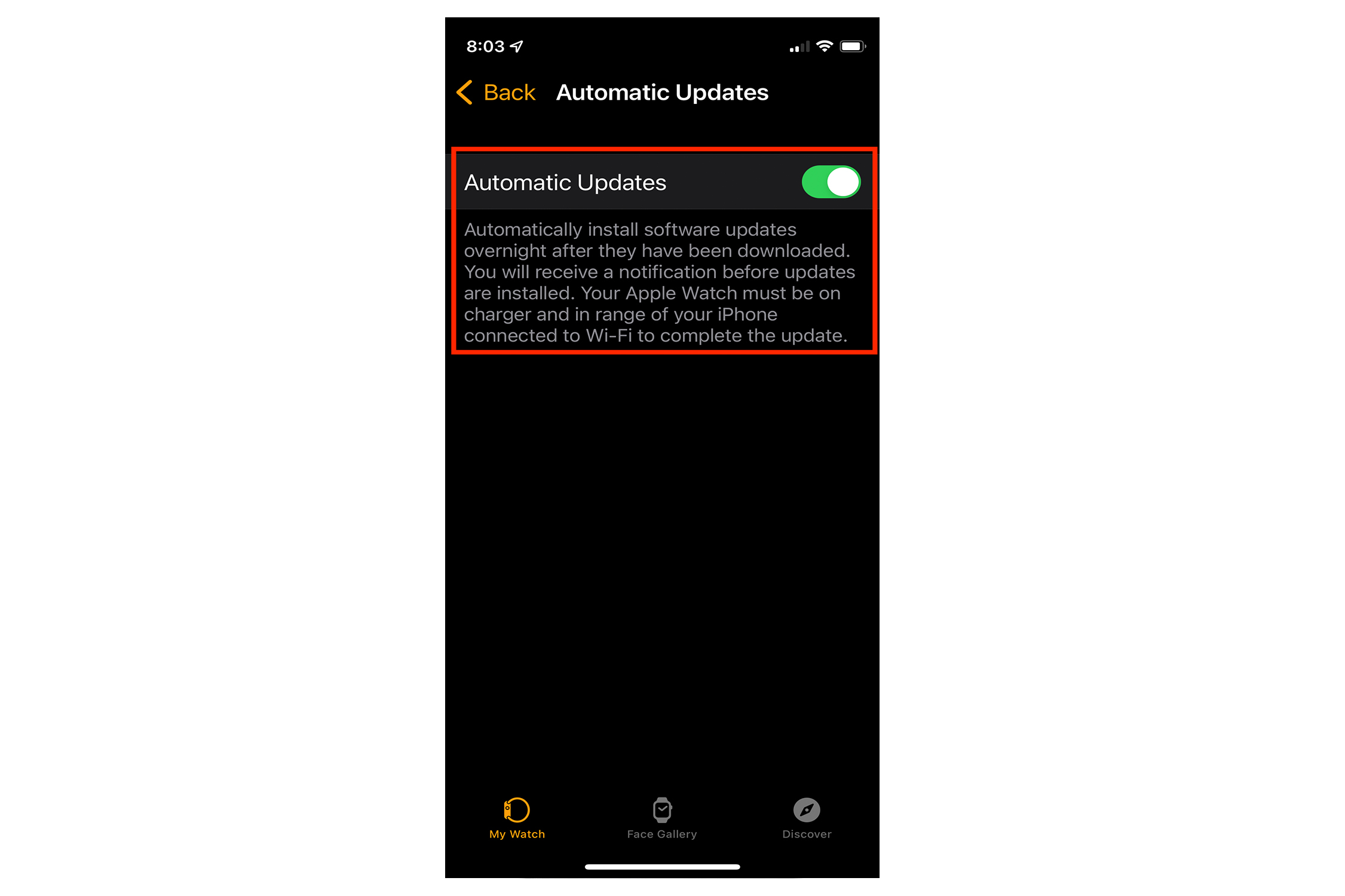 Configuración de actualización automática de iPhone.