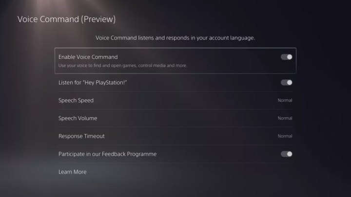 The voice commands settings on ps5.