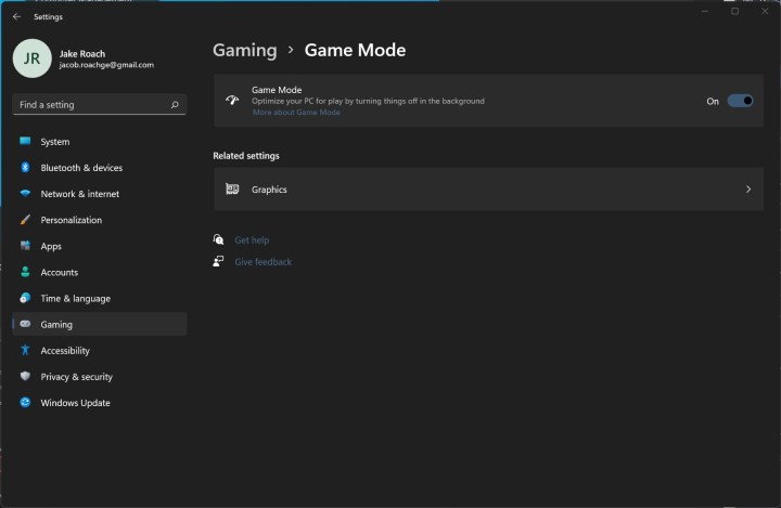 Game Mode option in Windows 11.
