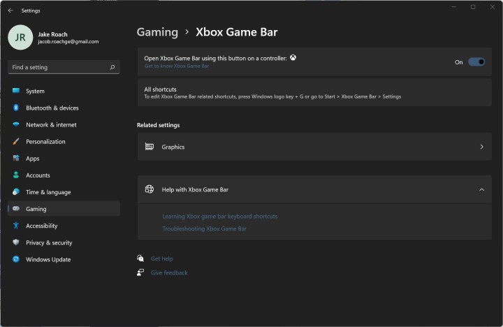Xbox Game Bar settings in Windows.
