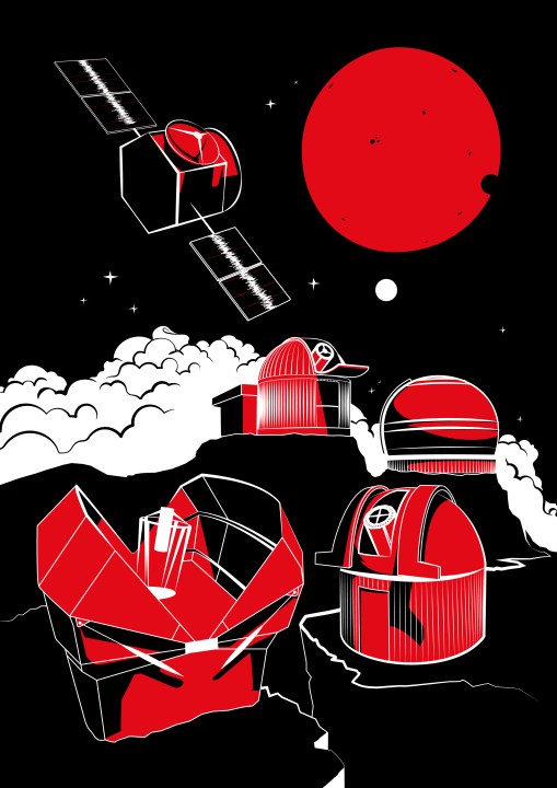  Vista del artista que muestra la estrella roja y sus dos planetas, junto con algunos de los telescopios utilizados para el descubrimiento. 