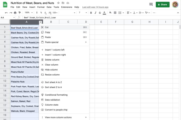 Options appear after selecting a column's triangle menu.