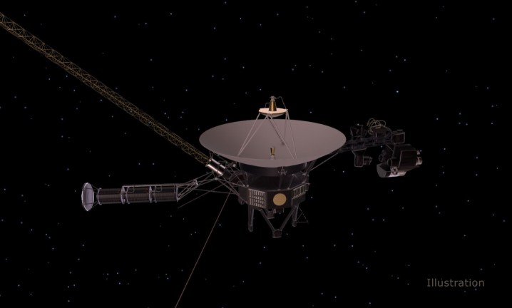 A antena de alto ganho da Voyager, vista no centro desta ilustração da espaçonave da NASA, é um componente controlado pelo sistema de articulação e controle de atitude (AACS).