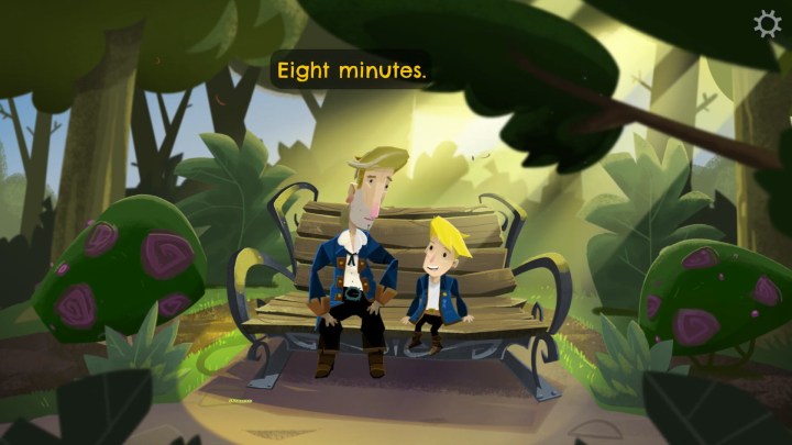 Guybrush and his grandson on a bench.