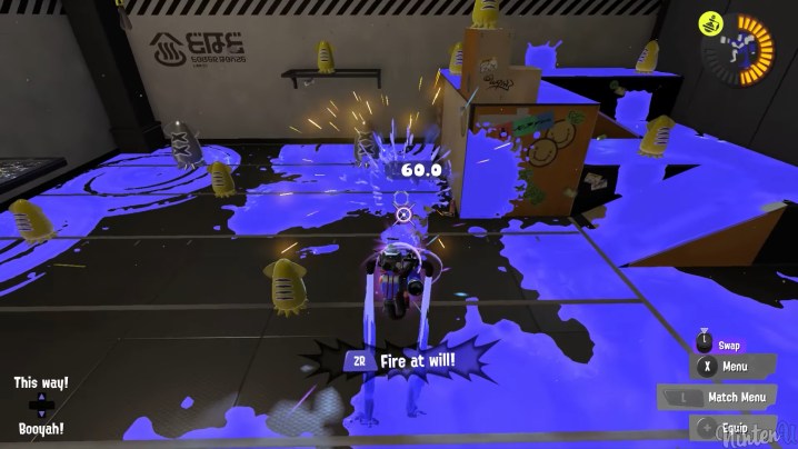 An inkling riding a jetpack.